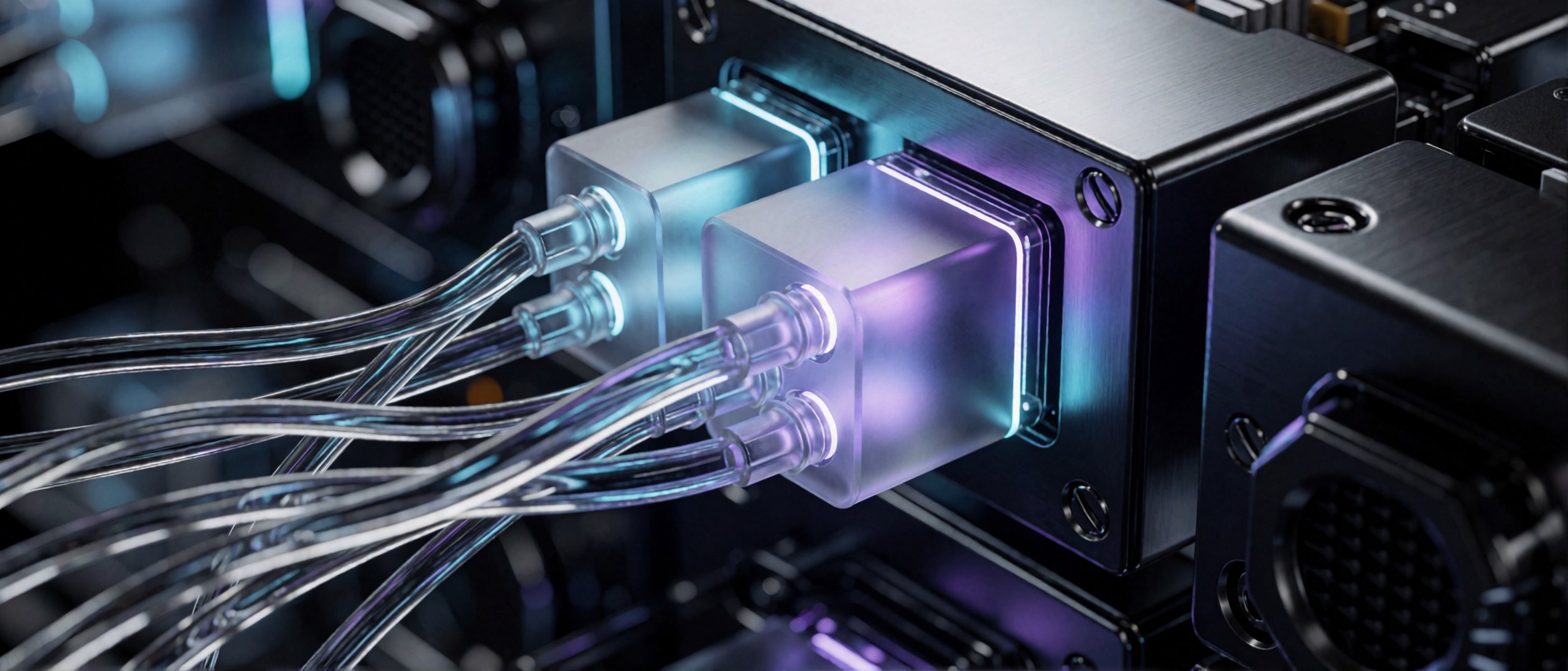 Nahaufnahme eines futuristischen Datenknotens: Transparente Glasfasern verschmelzen mit metallischen Servermodulen, akzentuiert durch…