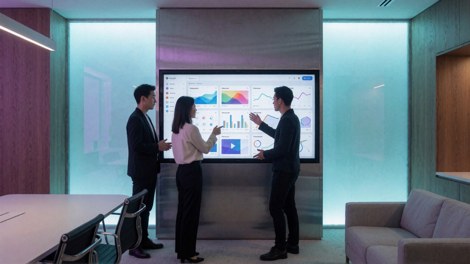Drei Geschäftsleute in einem modernen Büro diskutieren mit einer großen Touchscreen-Tafel, die verschiedene Datenvisualisierungen anzeigt.