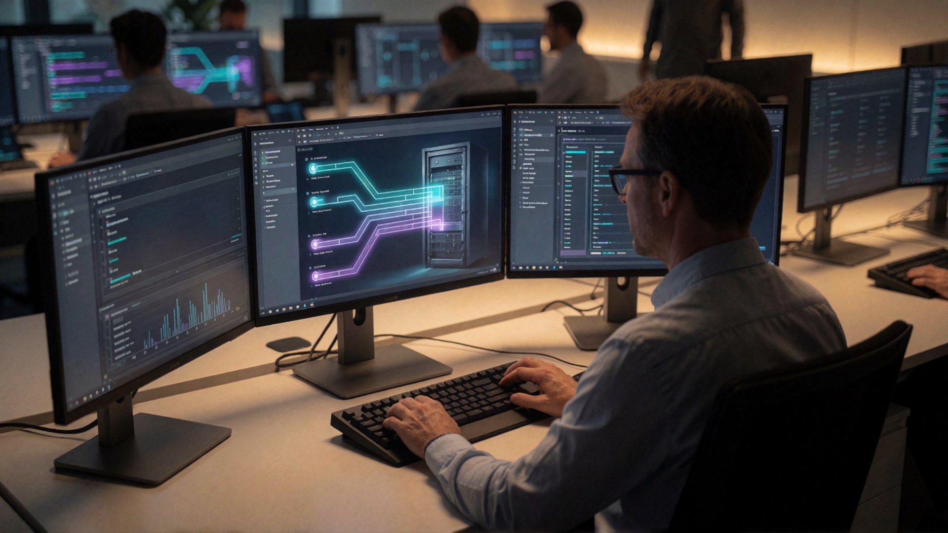 Ein Mann sitzt an einem Arbeitsplatz mit mehreren Monitoren und arbeitet intensiv am Computer; die Anzeige zeigt eine grafische…