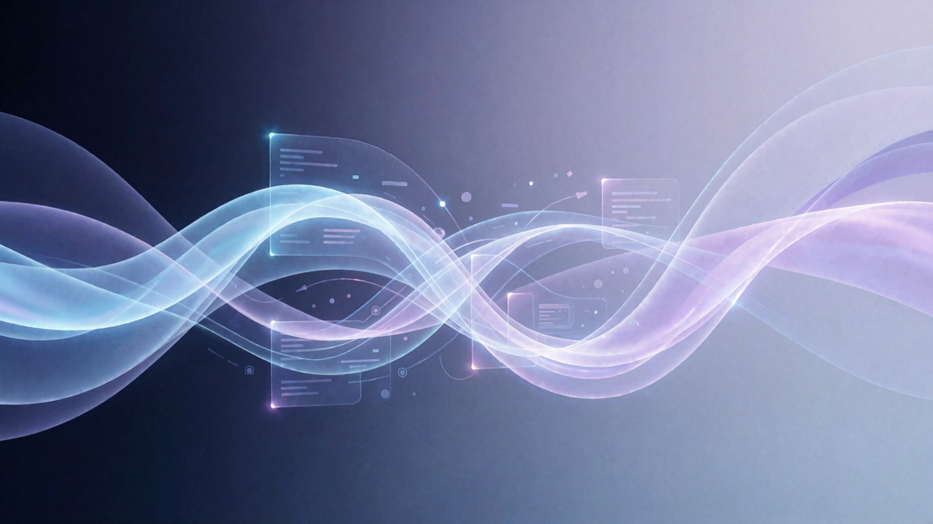 Leuchtende Wellen in Blau und Lila durchziehen eine digitale Welt mit transparenten Fenstern, die Code oder Daten anzeigen.