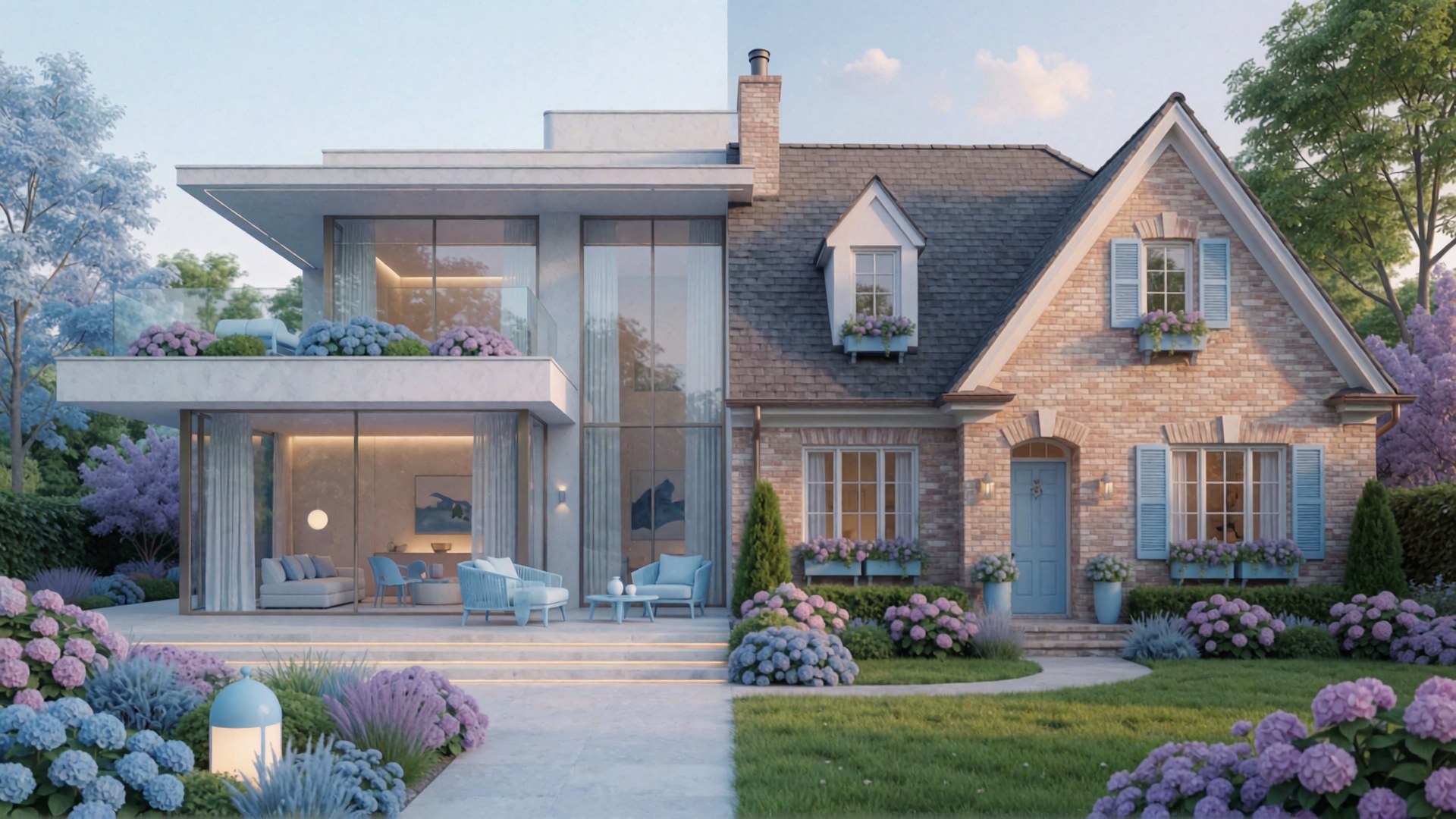 Ein modernes zweistöckiges Haus mit großem Glasfronten und einem klassischen Fachwerkhaus in der Umgebung von Blumenbeeten und Grünflächen.
