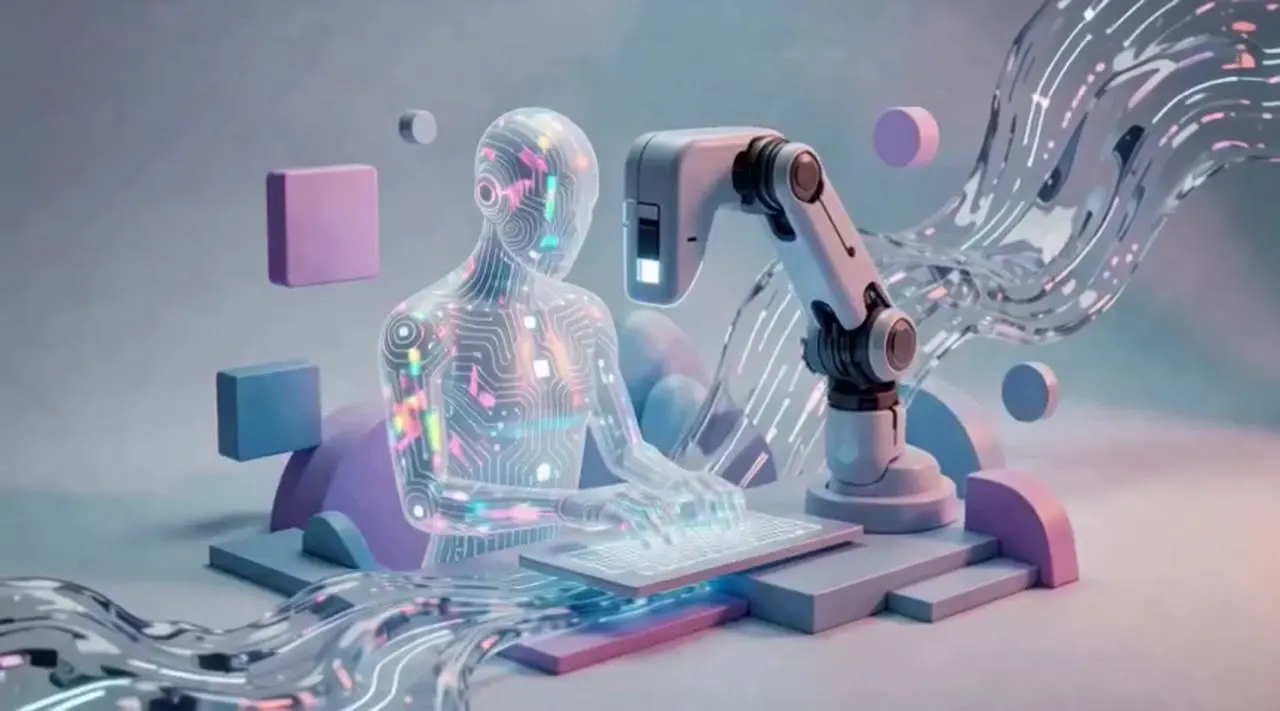 Abstrakte Darstellung der Systemintegration und Automatisierung mit weichen Babyblau- und Violett-Akzenten auf weißem Hintergrund.