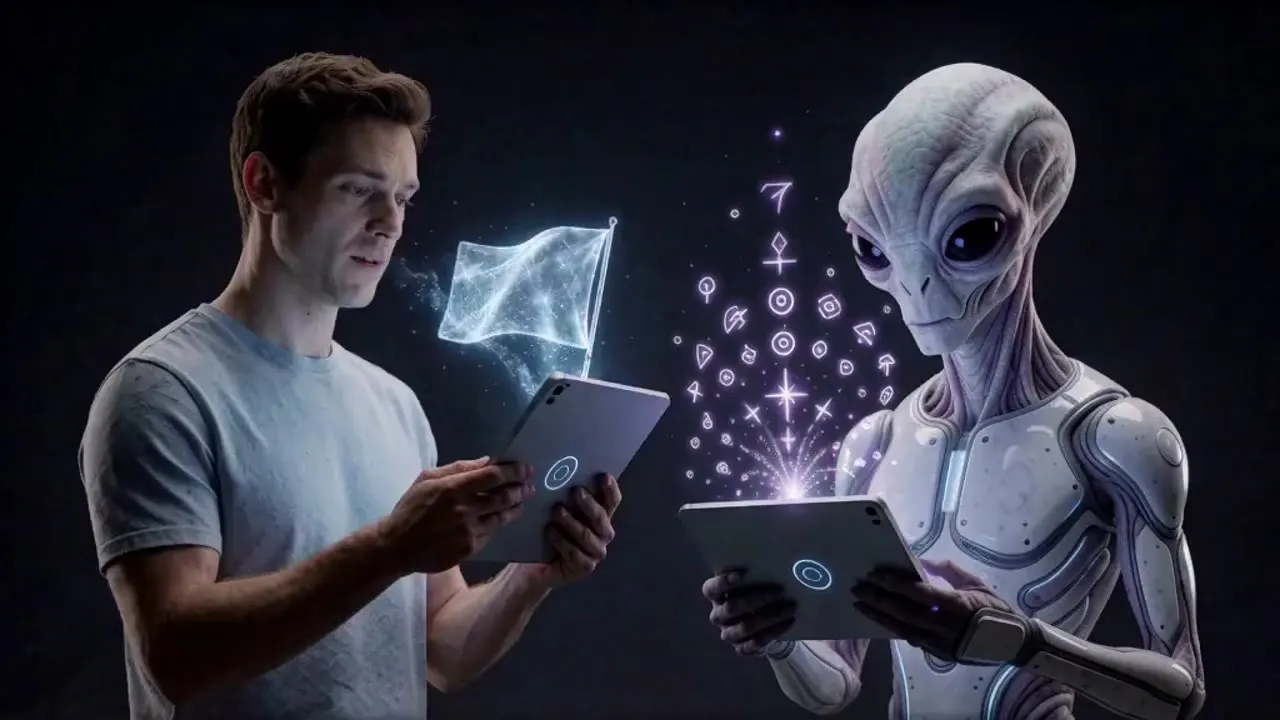 Ein Mann und eine Alienfigur halten jeweils einen Tabletcomputer in den Händen; zwischen ihnen fliegt eine leuchtende Flagge aus dem…