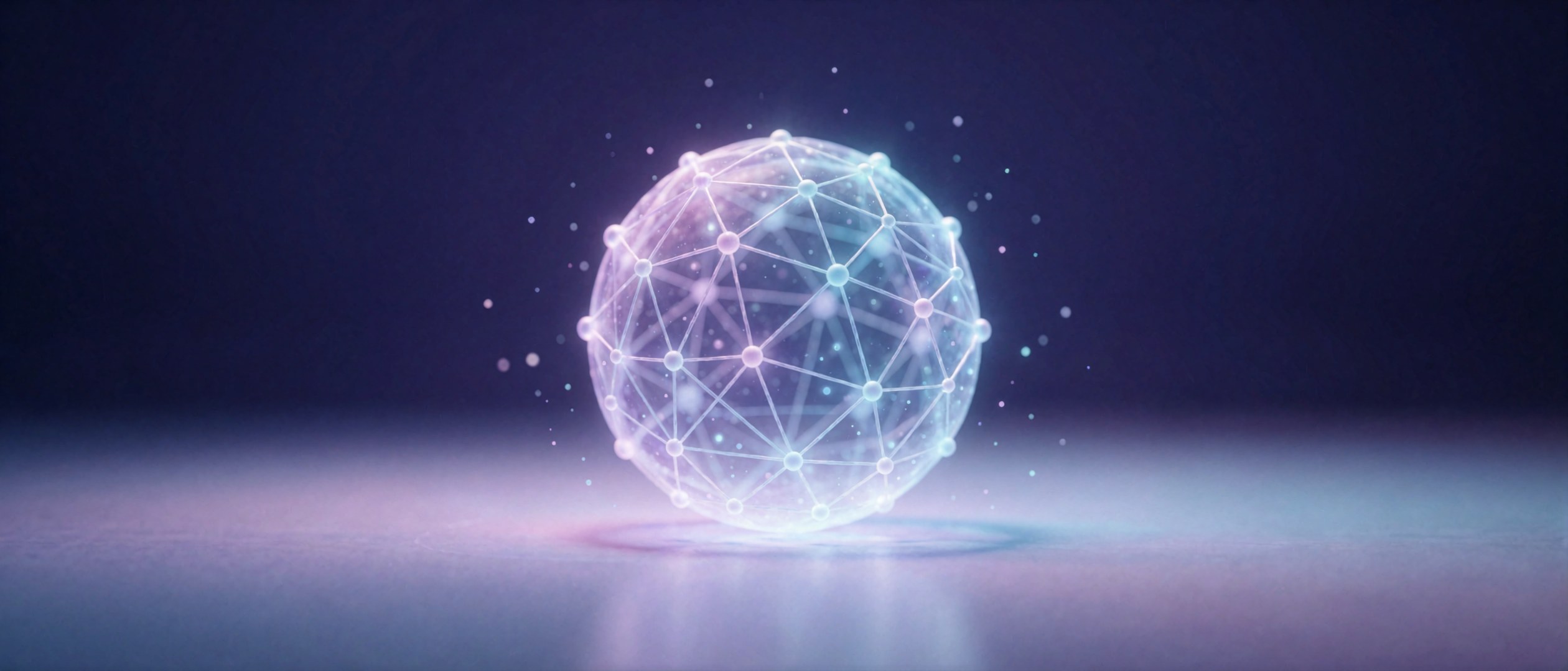 Ein leuchtender, transparenter geometrischer Kugel mit Netzwerkstruktur steht im Zentrum eines dunklen Hintergrunds und strahlt sanftes…