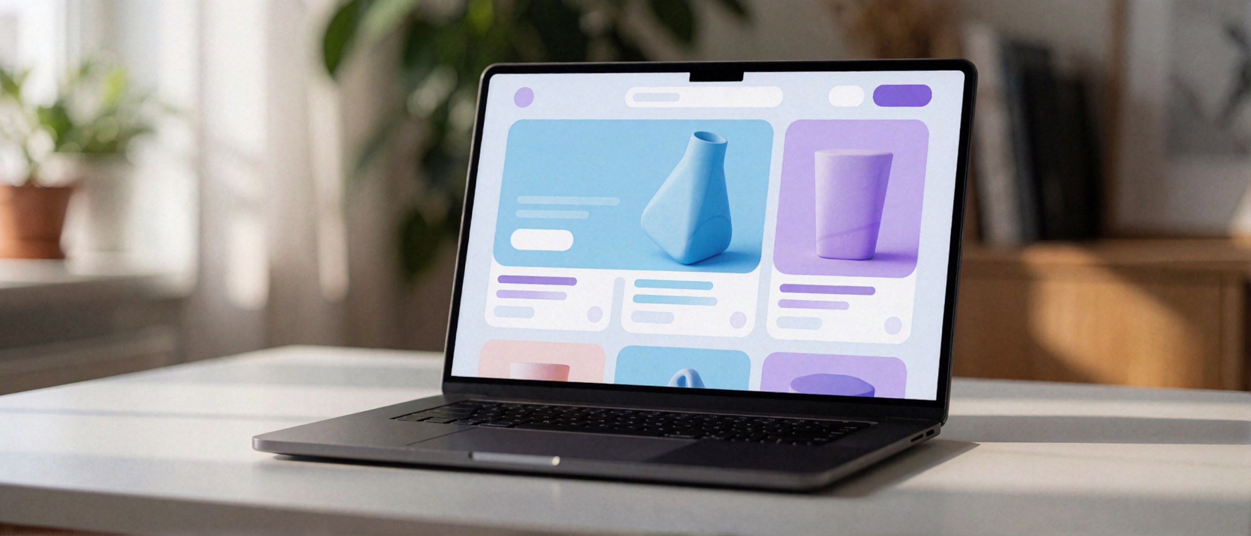 Laptop mit einem grafischen Design eines Einkaufsblogs oder einer Produktseite in hellen Farben und geometrischen Formen.