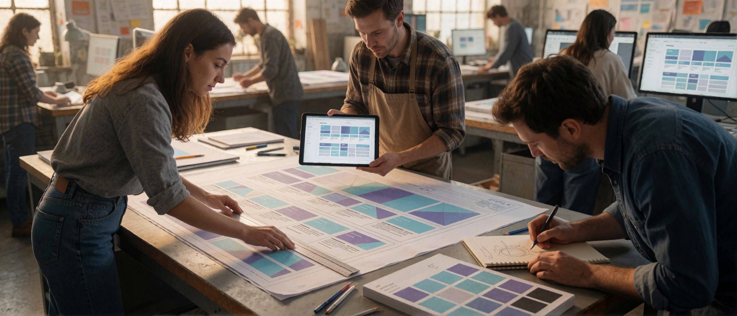 Eine Gruppe von Designern arbeitet gemeinsam an einer Produktentwicklung mit farbigen UI-Bildschirmen und -designs auf Papierplänen in…