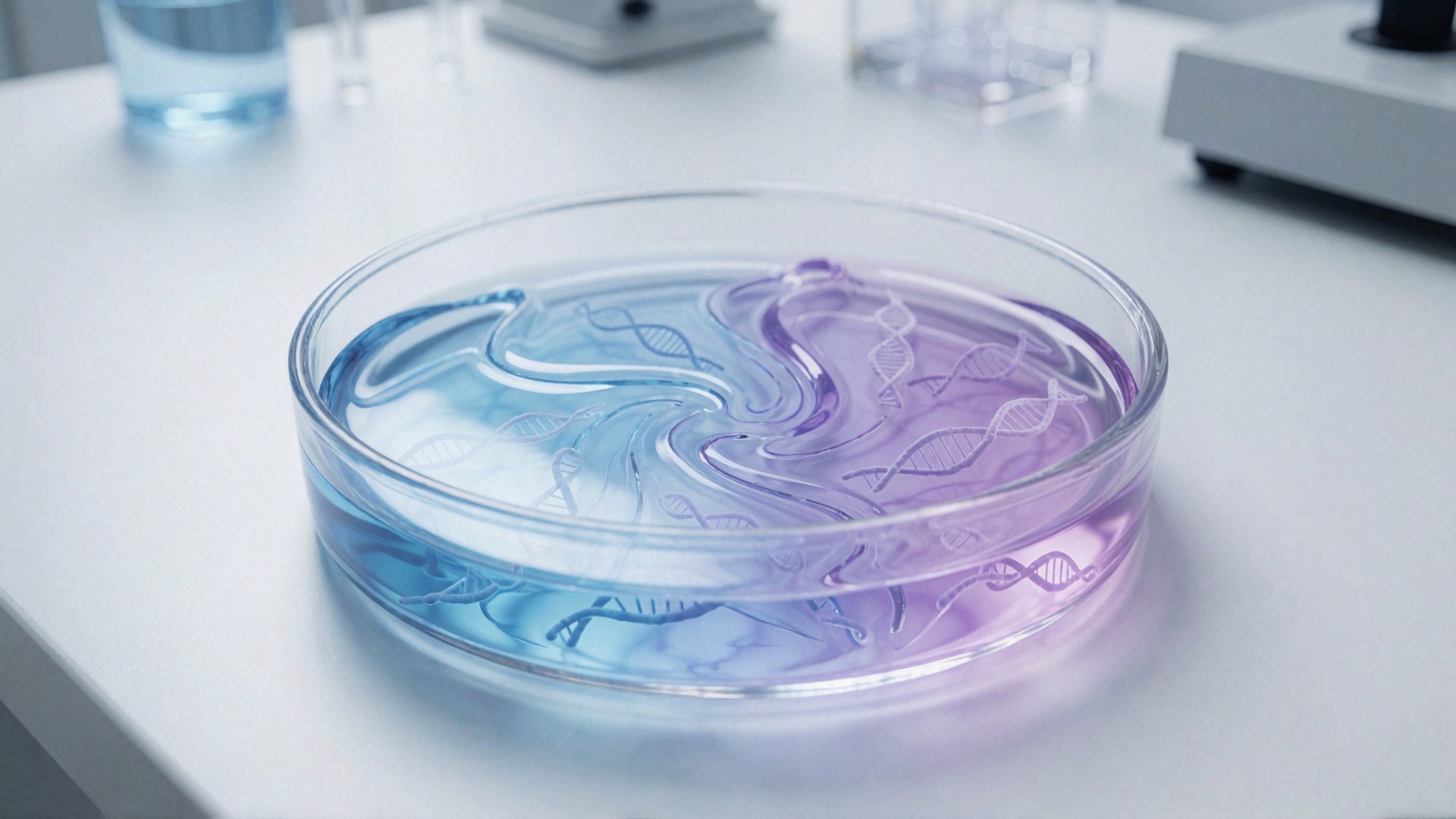 Ein durchsichtiges Petrischale mit blau-lila gefärbtem Medium und eingravierten DNA-Doppelhelix-Motiven in einem wissenschaftlichen…
