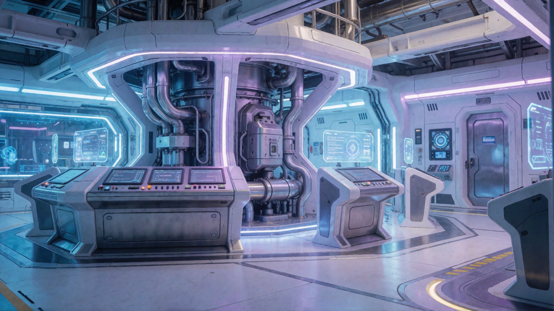 Eine futuristische Raumstation mit leuchtenden Paneelen und hochtechnologischen Controllern in einem kühlen Blau-Pink-Lichtton.