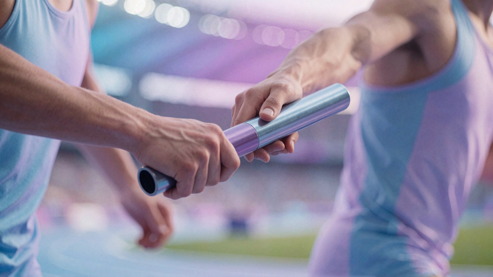 Zwei Athleten in Sportbekleidung tauschen eine Staffelei aus im Stadionbereich.