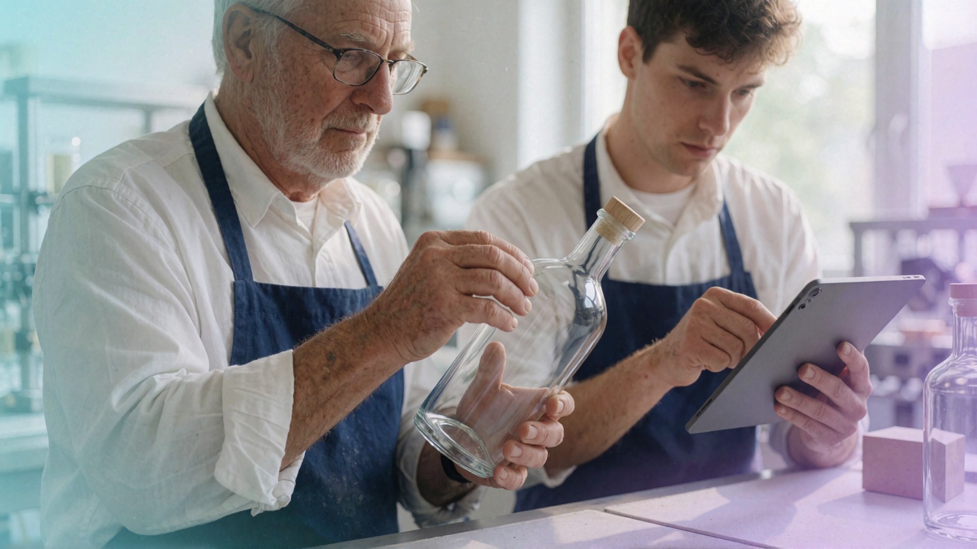 Eine Person baut mit Karton aus und beobachtet eine digitale Darstellung eines geometrischen Objekts auf einem Tablet.