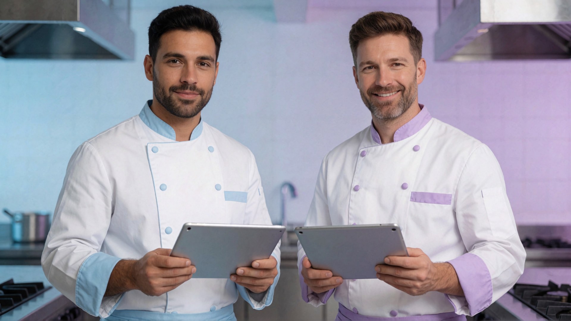 Zwei Kochen in einer professionellen Küche halten Tablet-Computer und lächeln freundlich zur Kamera.