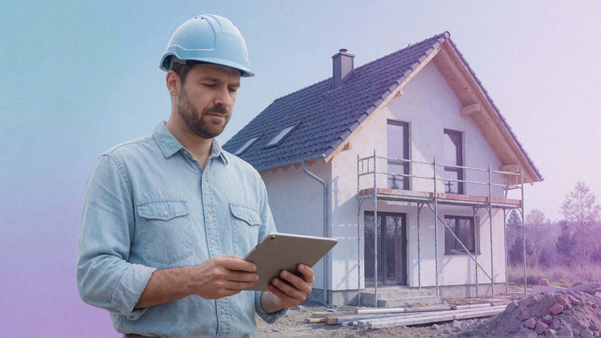 Ein Mann in einer Bauarbeiter-Helm und Jeansjacke steht vor einem neu gebauten Haus mit Scaffolding und arbeitet an einem Tablet.