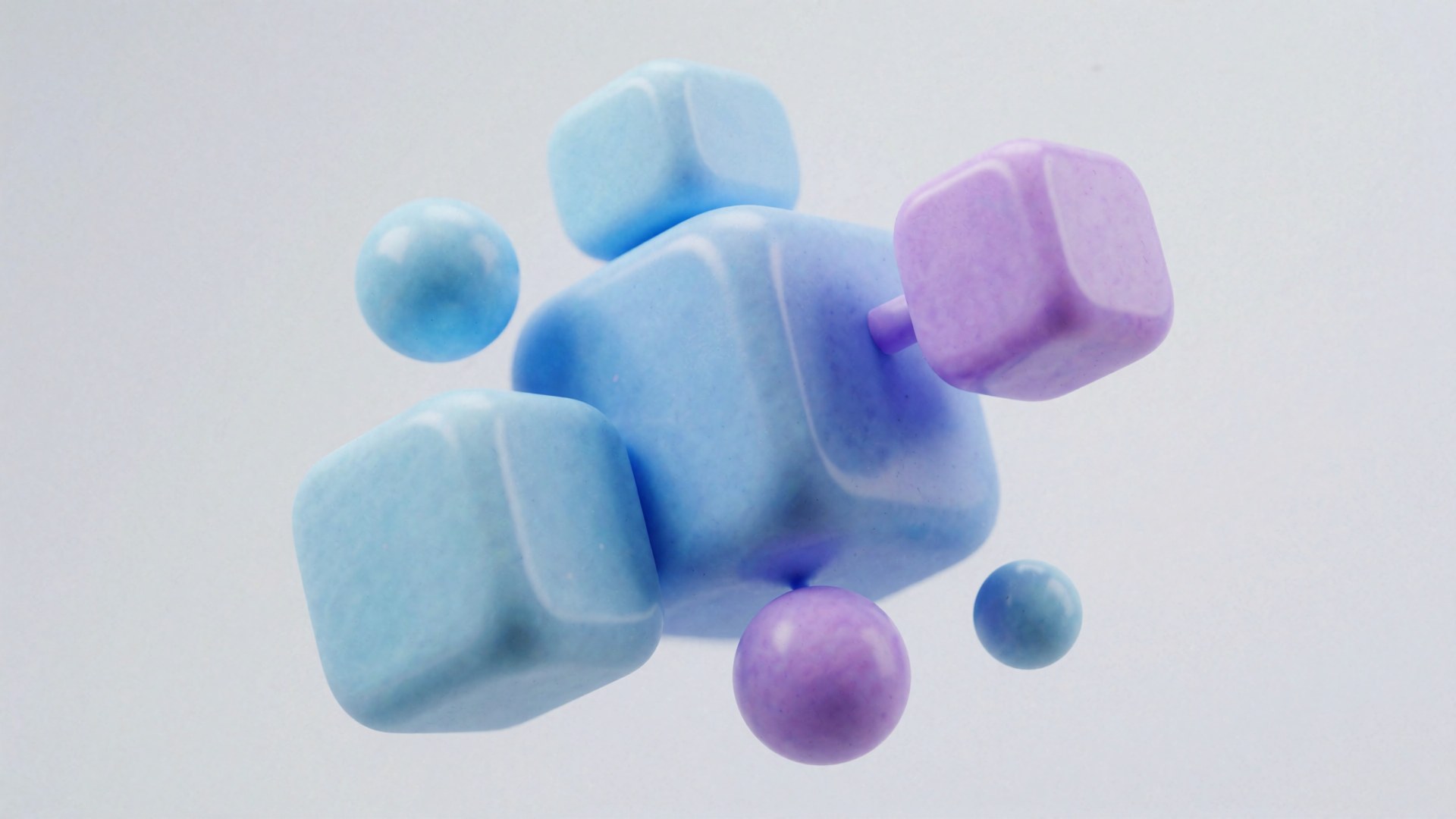 Ein stilisiertes Arrangement aus blauen und lila Kugeln sowie Würfeln in einer minimalistischen, hellen Umgebung.
