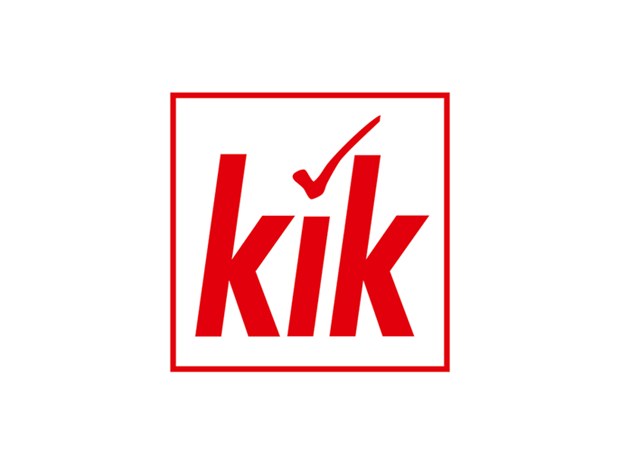 Ein rotes Quadrat mit dem Wort „kik“ in Rot und einem Häkchen darüber auf weißem Hintergrund.