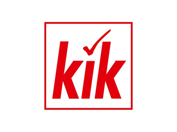 Ein rotes Quadrat mit dem Wort „kik“ in Rot und einem Häkchen darüber auf weißem Hintergrund.
