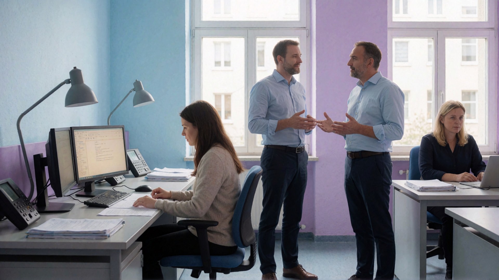 Zwei Männer unterhalten sich in einem Büro; eine Frau arbeitet an ihrem Schreibtisch und eine weitere sitzt mit Laptop. Die Wand ist lila…