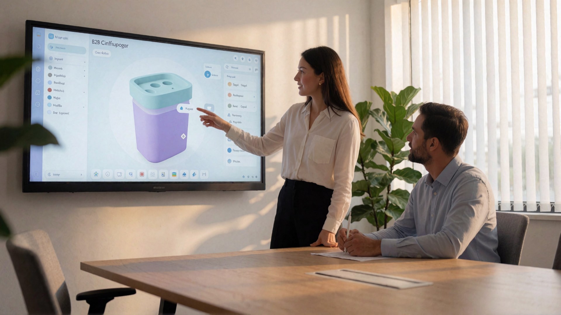 Eine Frau zeigt mit dem Finger auf einen großen Touchscreen in einem Büro und erklärt etwas an einer Präsentation über eine…