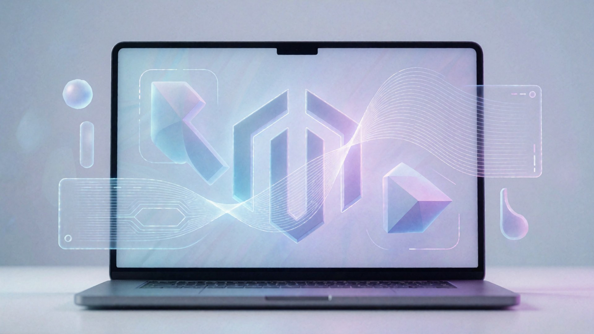 Laptop mit futuristischem Interface und abstrakten geometrischen Formen im Hintergrund.