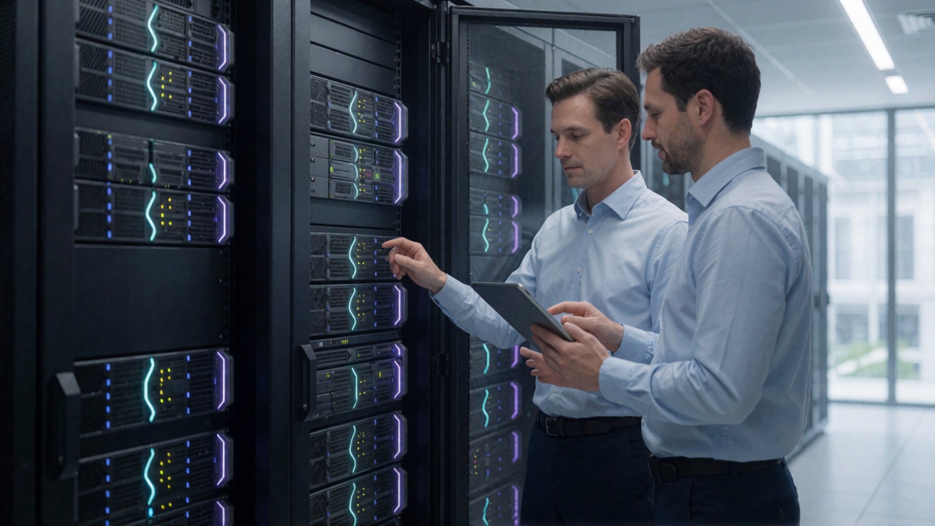 Zwei Männer in einem Serverraum untersuchen eine Reihe von Servern mit einer Tablet und einer Hand an der Steuerung eines Servers.