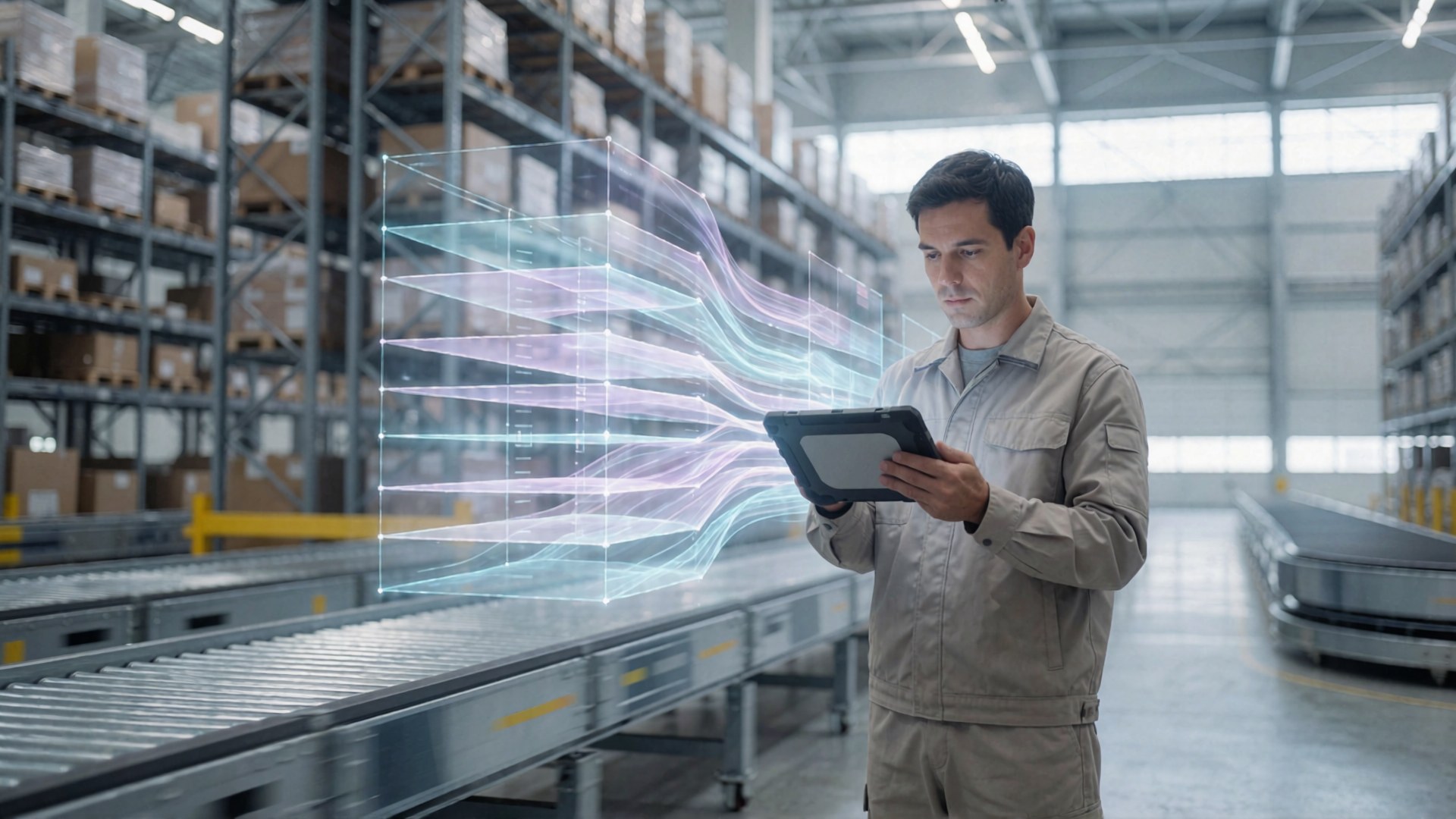 Ein Mann in einer Lagerhalle betrachtet eine digitale Projektion von Datenflüssen über einen Förderbahnweg mit einem Tablet.
