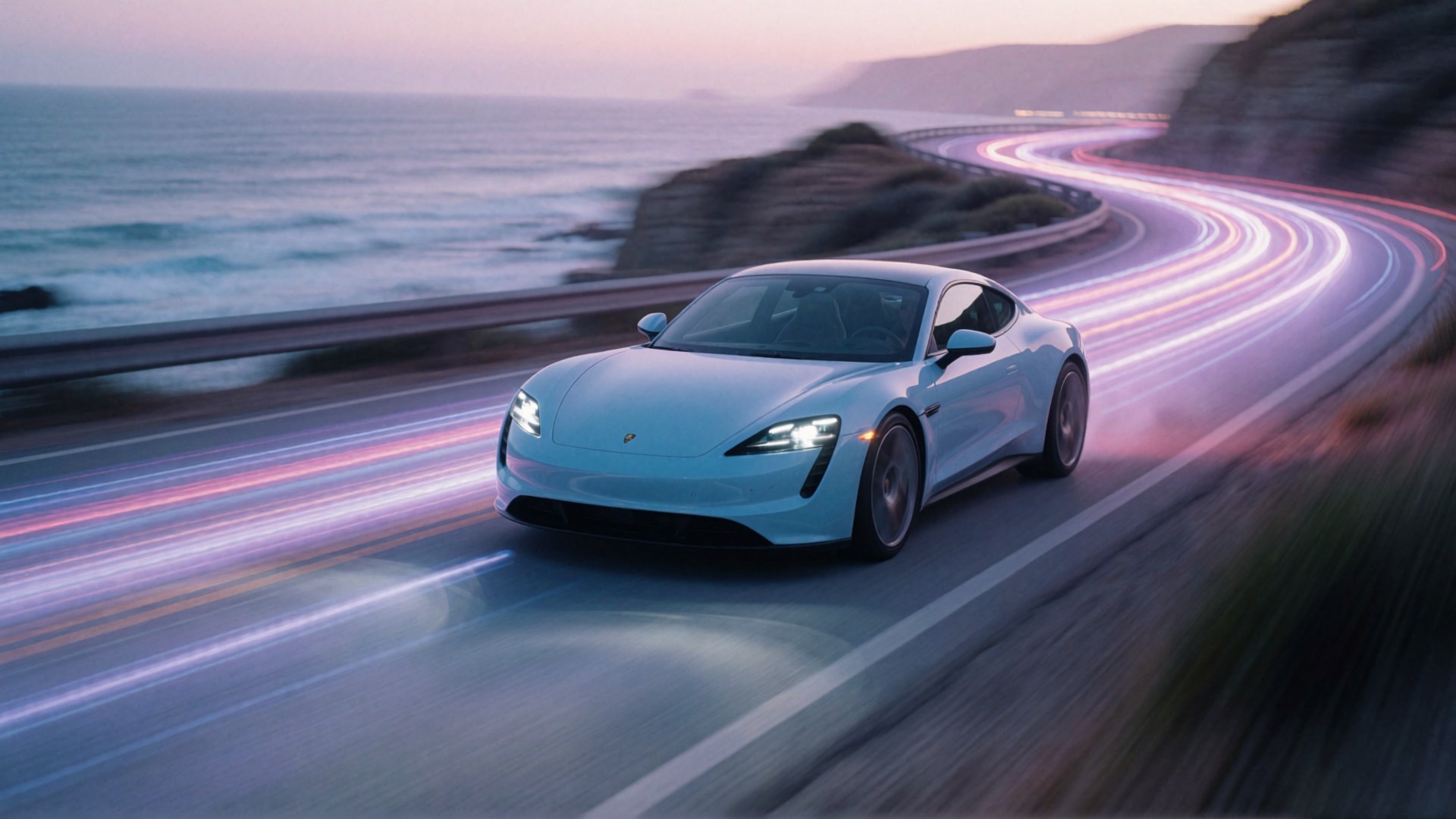 Ein hellblauer Porsche Taycan fährt eine Kurve entlang einer Küstenstraße bei Dämmerung, wobei die Lichtspuren der vorbeifahrenden Autos…