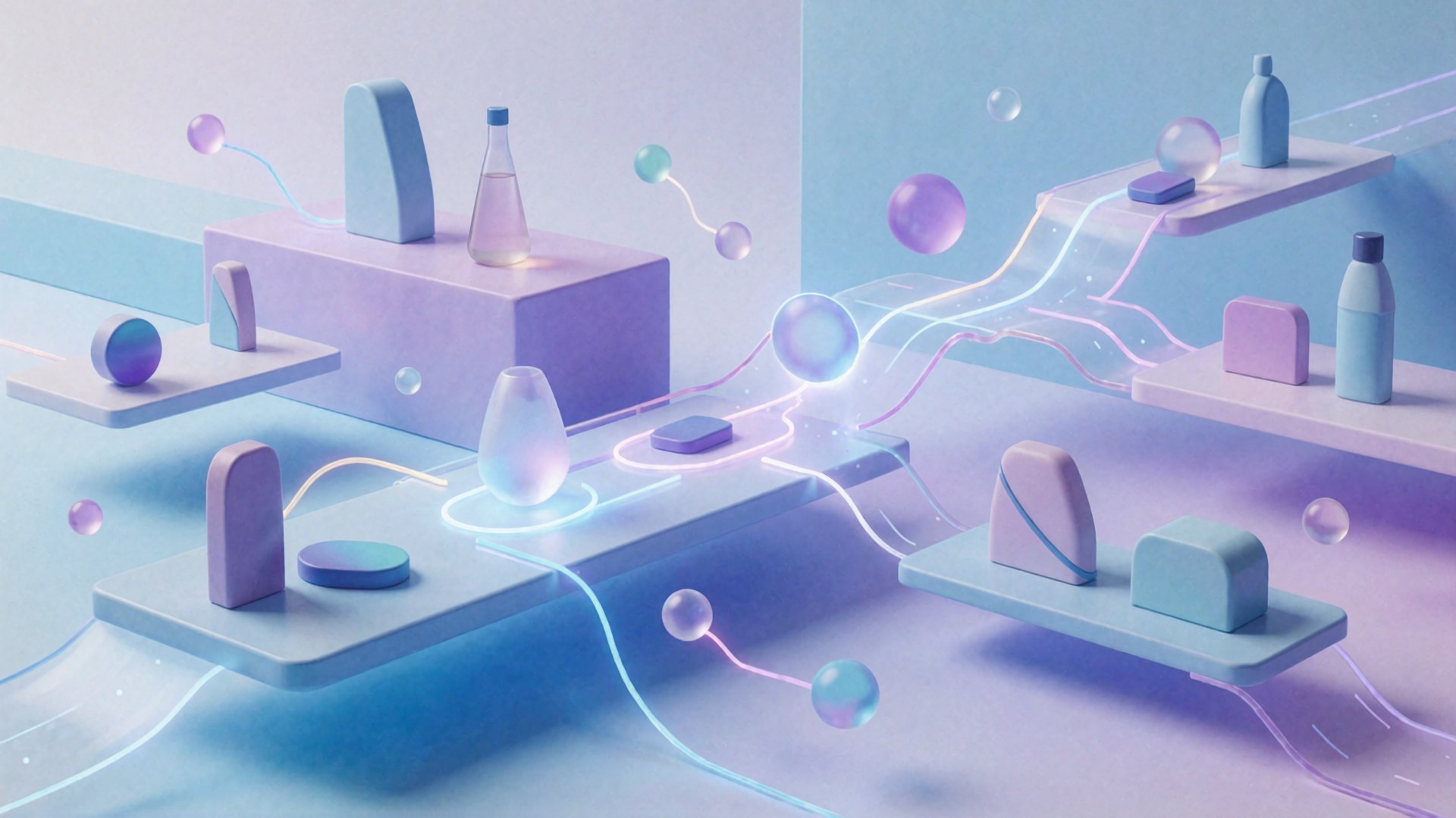 Ein futuristisches, lila und blaues Arrangement mit geometrischen Formen und leuchtenden Linien in einer stilisierten Welt.