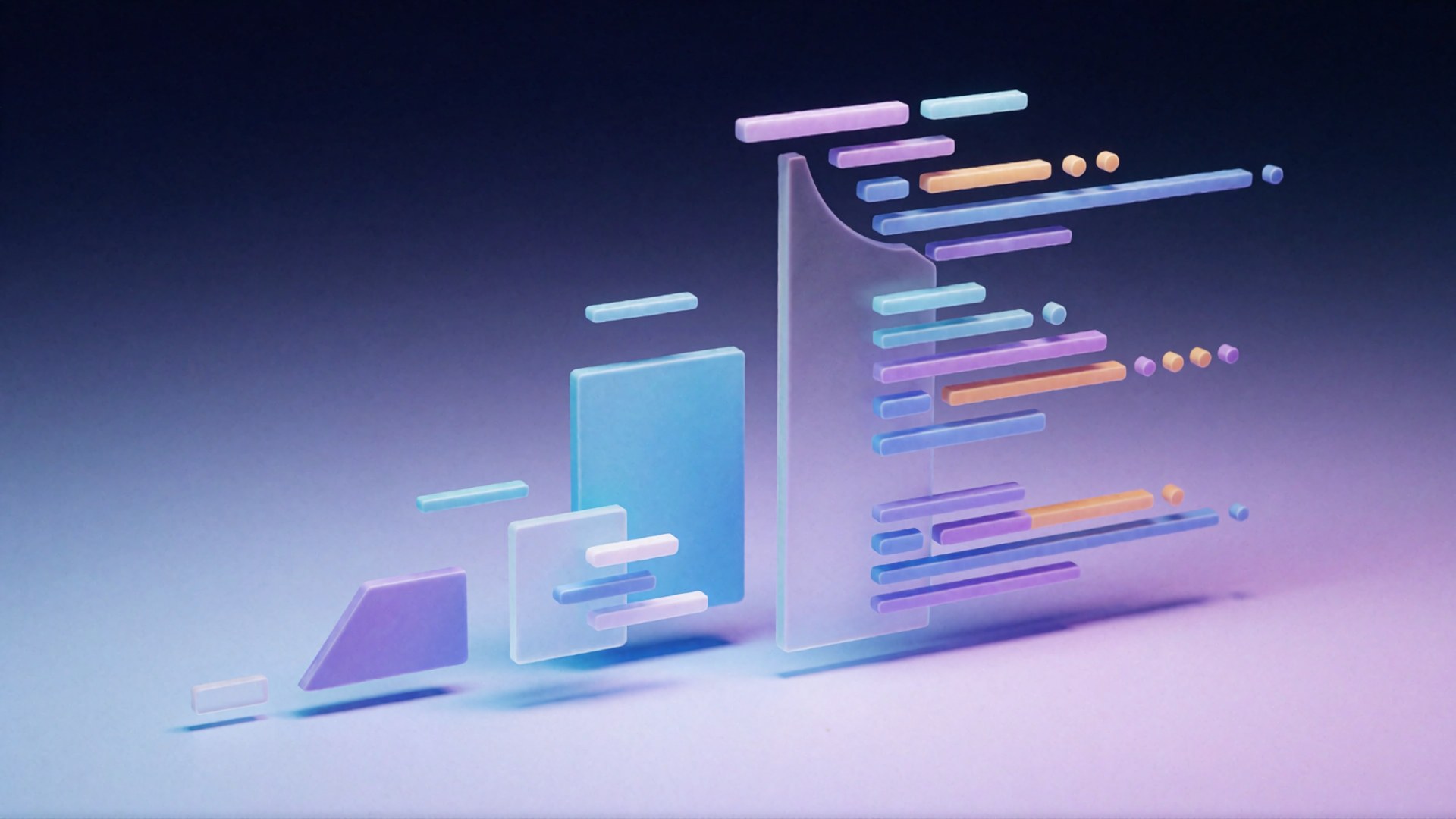 Eine stilisierte 3D-Ansicht aus geometrischen Formen und Linien in Blau-, Lila- und Orangetönen vor einem dunklen Hintergrund.
