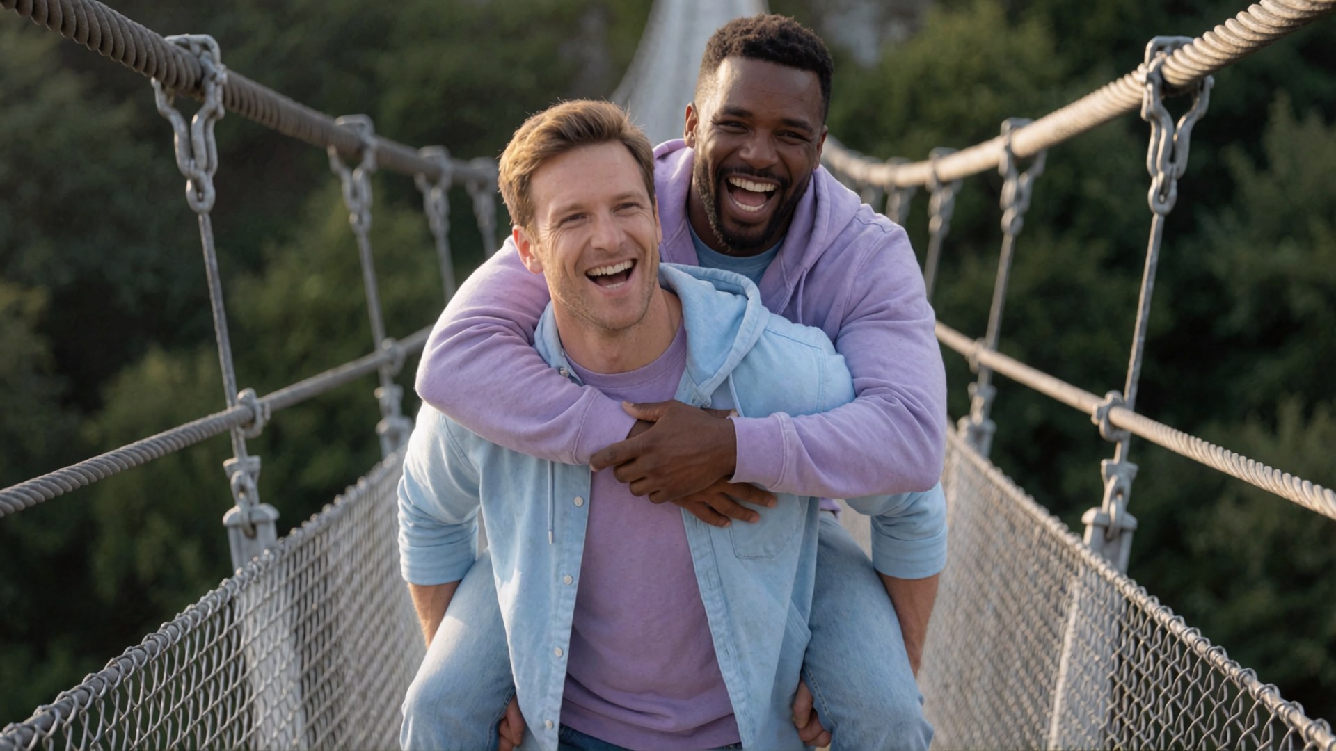 Zwei Männer lächeln fröhlich auf einer Kletterbrücke; der eine trägt einen lilafarbenen Hoodie und hält den anderen fest, während dieser…
