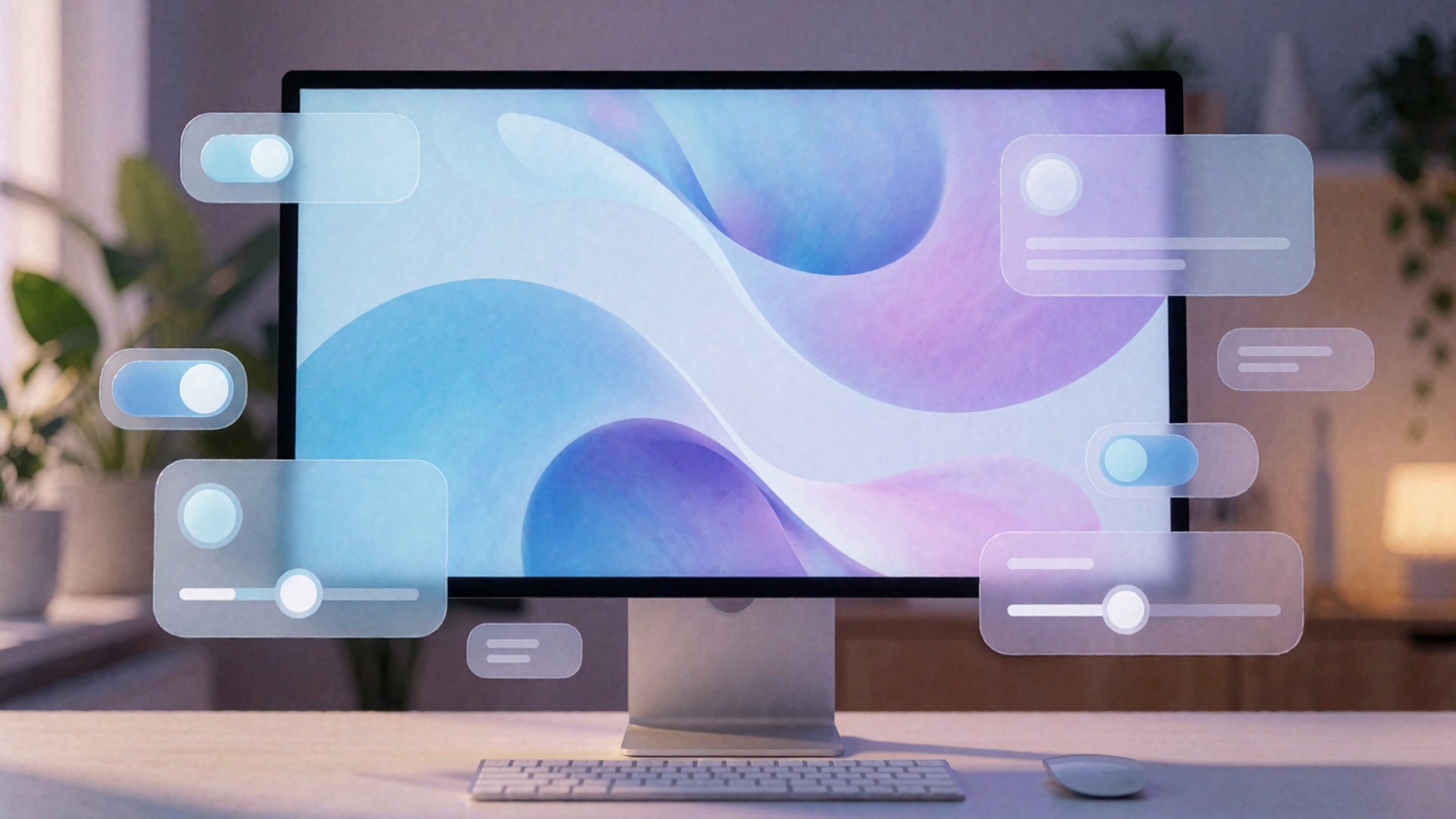 Ein modernes Computerbildschirm mit einer abstrakten blau-lila Hintergrundgrafik und transparenten grafischen Elemente wie Schalter und…