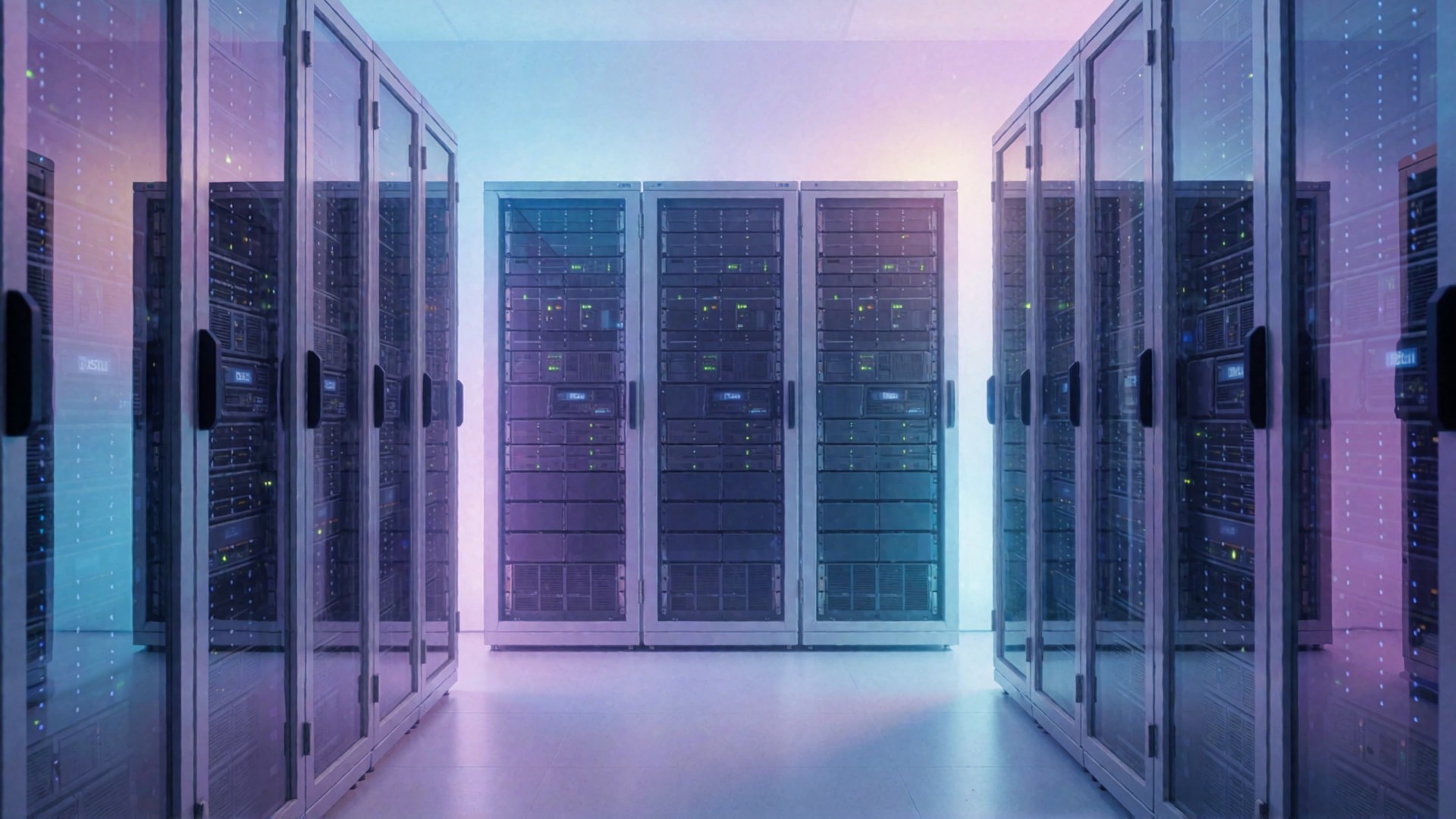 Ein leeres Serverraum mit mehreren Rechenzentren in einem künstlichen Licht.