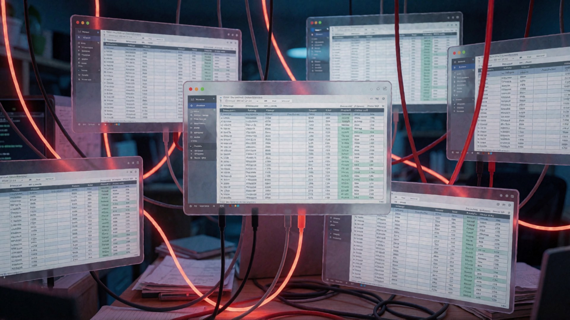 Ein Arbeitsplatz mit mehreren Monitoren, die Daten in Tabellenform anzeigen und durch rote Lichtleisten verbunden sind.