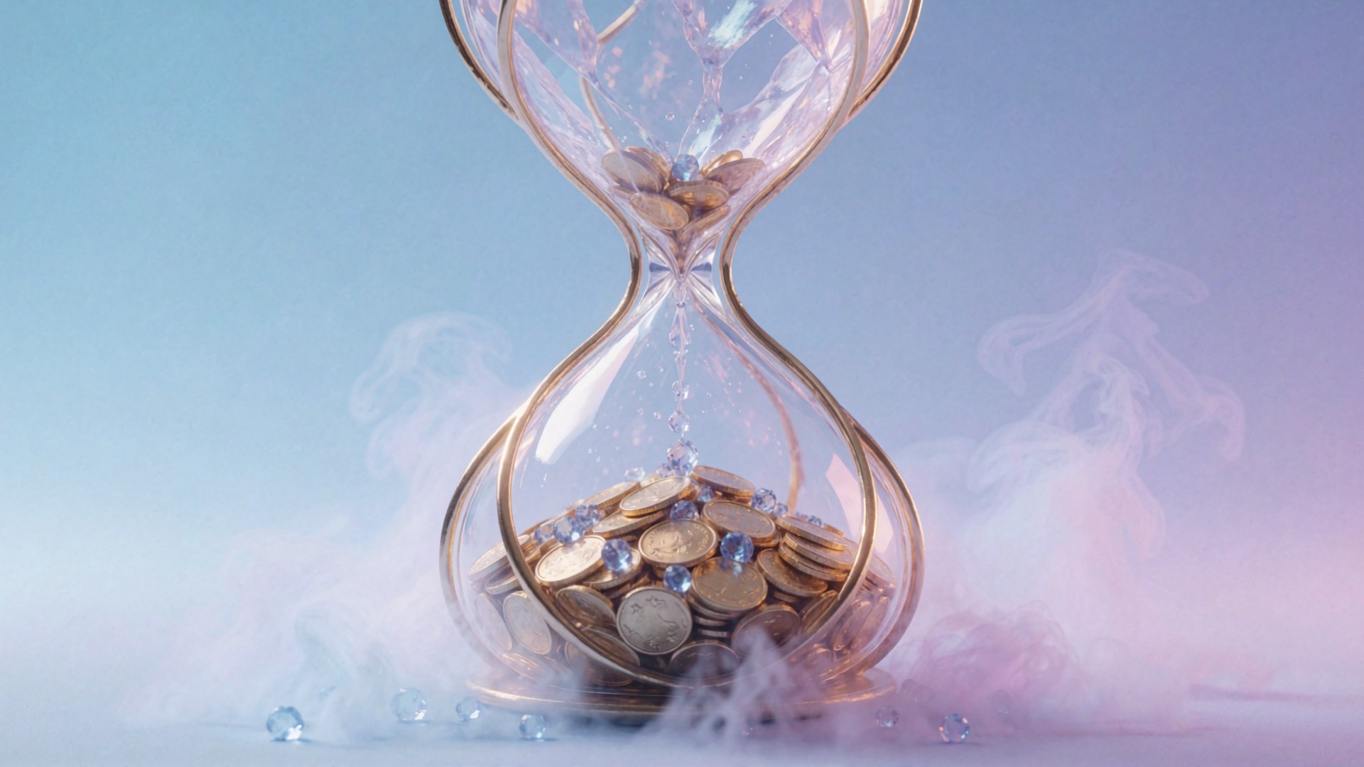 Eine Sanduhr mit Goldmünzen und blauen Edelsteinen im Inneren steht in einer nebligen Umgebung vor einem hellblau-lila Hintergrund.