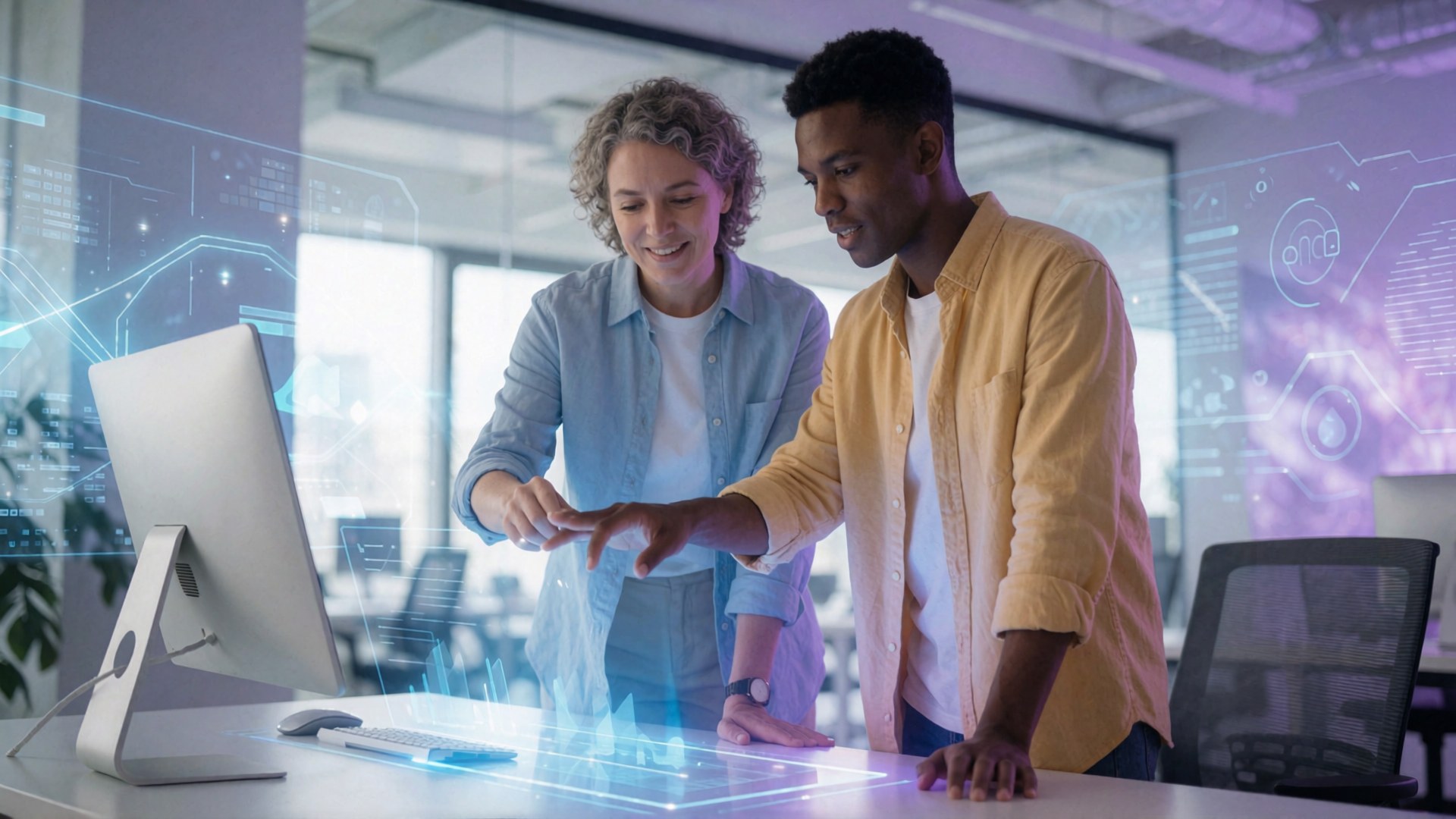 Zwei Mitarbeiter in einem modernen Büro arbeiten gemeinsam an einer virtuellen Oberfläche mit Datenvisualisierungen und interagieren mit…