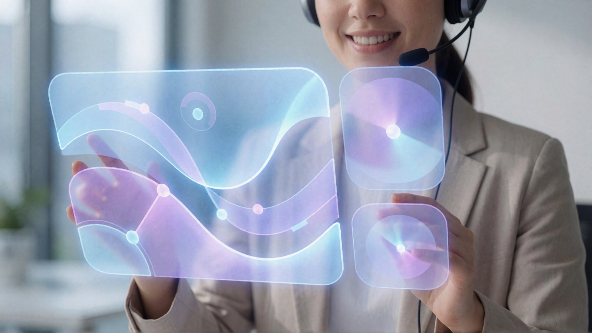Eine Frau in einem Büro trägt einen Headset und interagiert mit einer holografischen Oberfläche, die dynamische grafische Elemente zeigt.