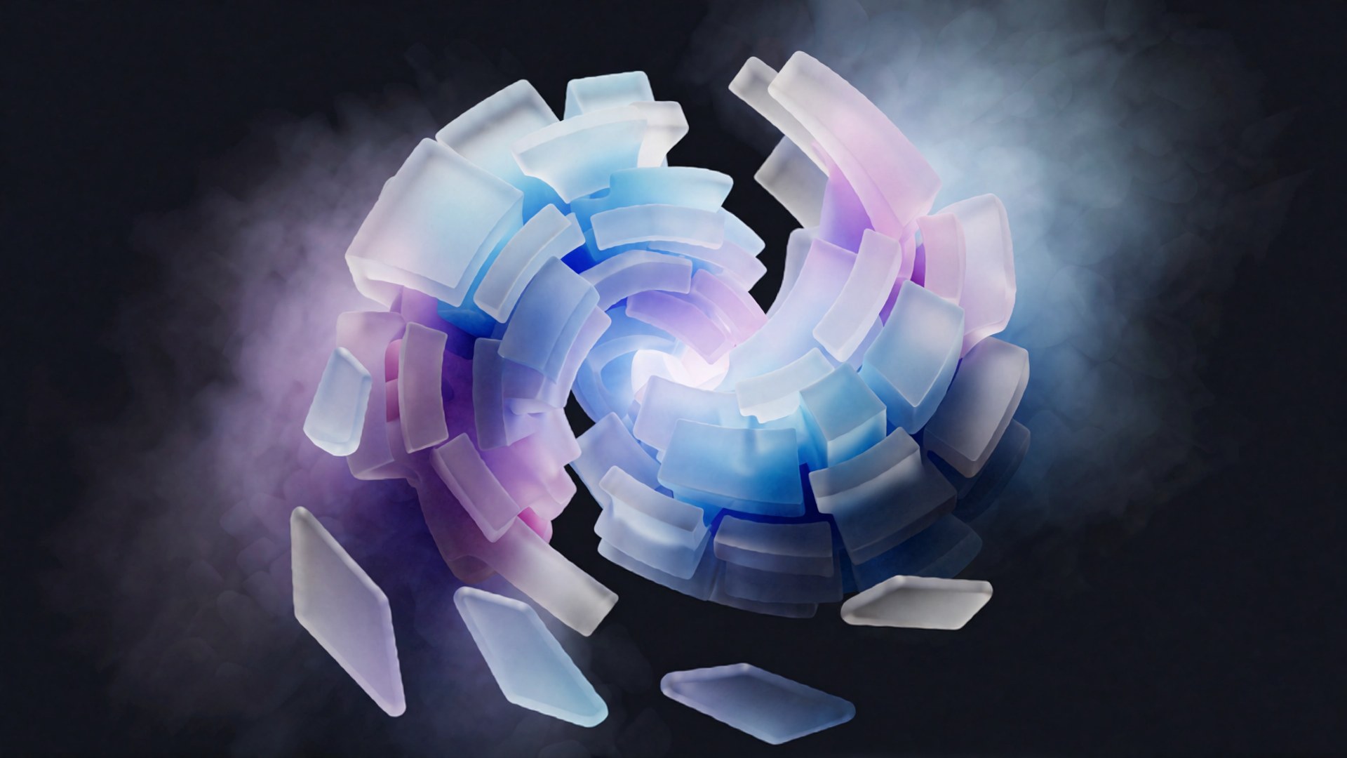 Ein leuchtendes, spiralförmiges Muster aus blau-lila und weißen Kristallflächen in der Dunkelheit.