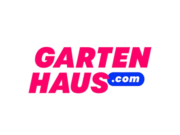 Das Logo von Gartenhaus.com in pinken und blauen Buchstaben auf weißem Hintergrund.