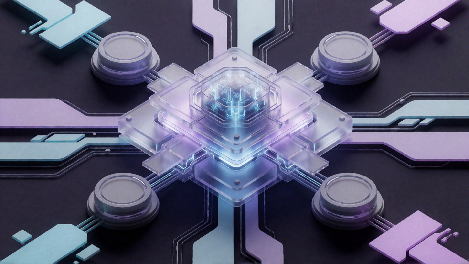 Abstrakte, futuristische Netzwerkstruktur aus leuchtenden Glas- und Polymermodulen vor dunklem Hintergrund.