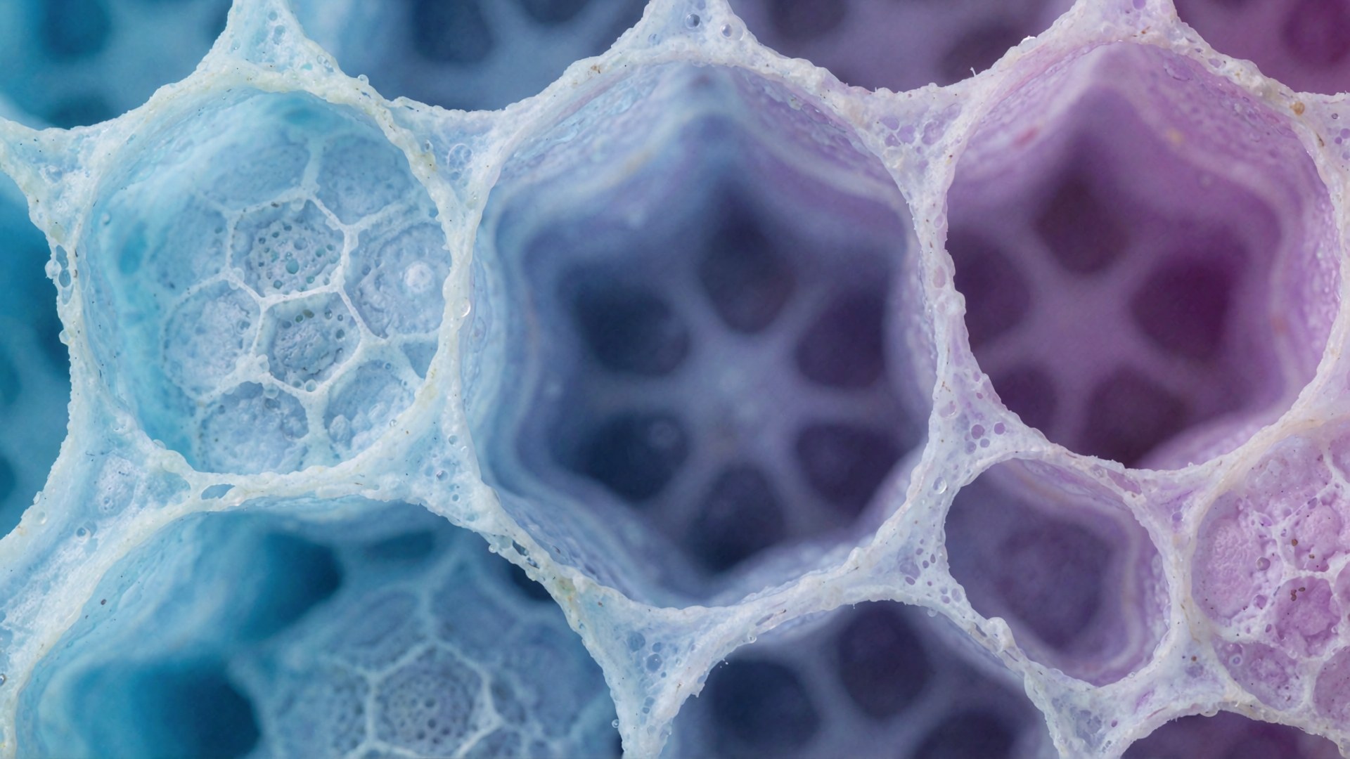 Eine makroskopische Aufnahme eines hexagonalen Gittermusters in Blau und Lila mit feinen Luftblasen innerhalb der Strukturen.