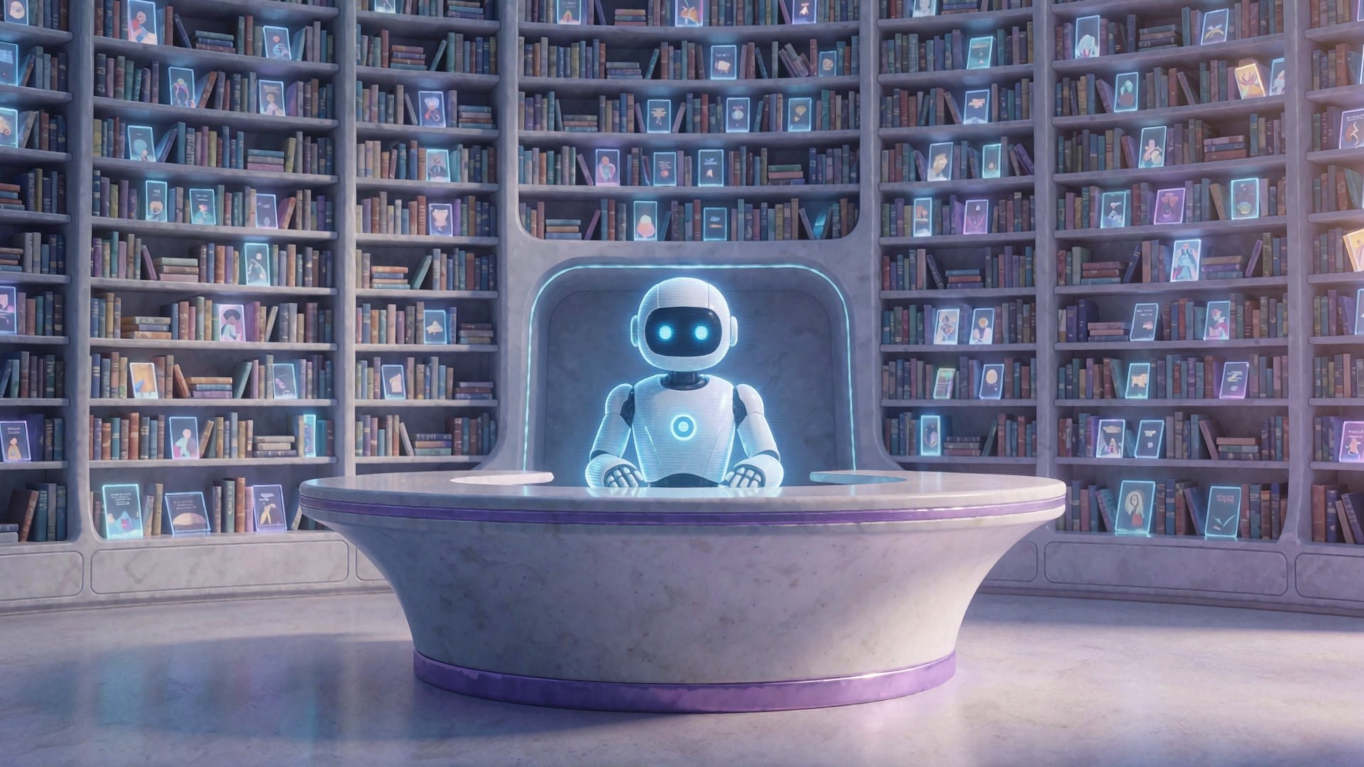 Ein weißes Roboter-Auge sitzt in einer futuristischen Bibliothek mit Bücherregalen und leuchtenden Bucheinbänden.