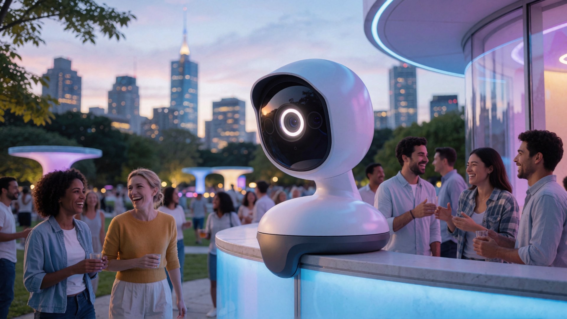 Ein weißes Roboter-Kameraobjektiv sitzt auf einem beleuchteten Tisch im Zentrum einer Party mit Menschen in der Stadt bei Dämmerung.