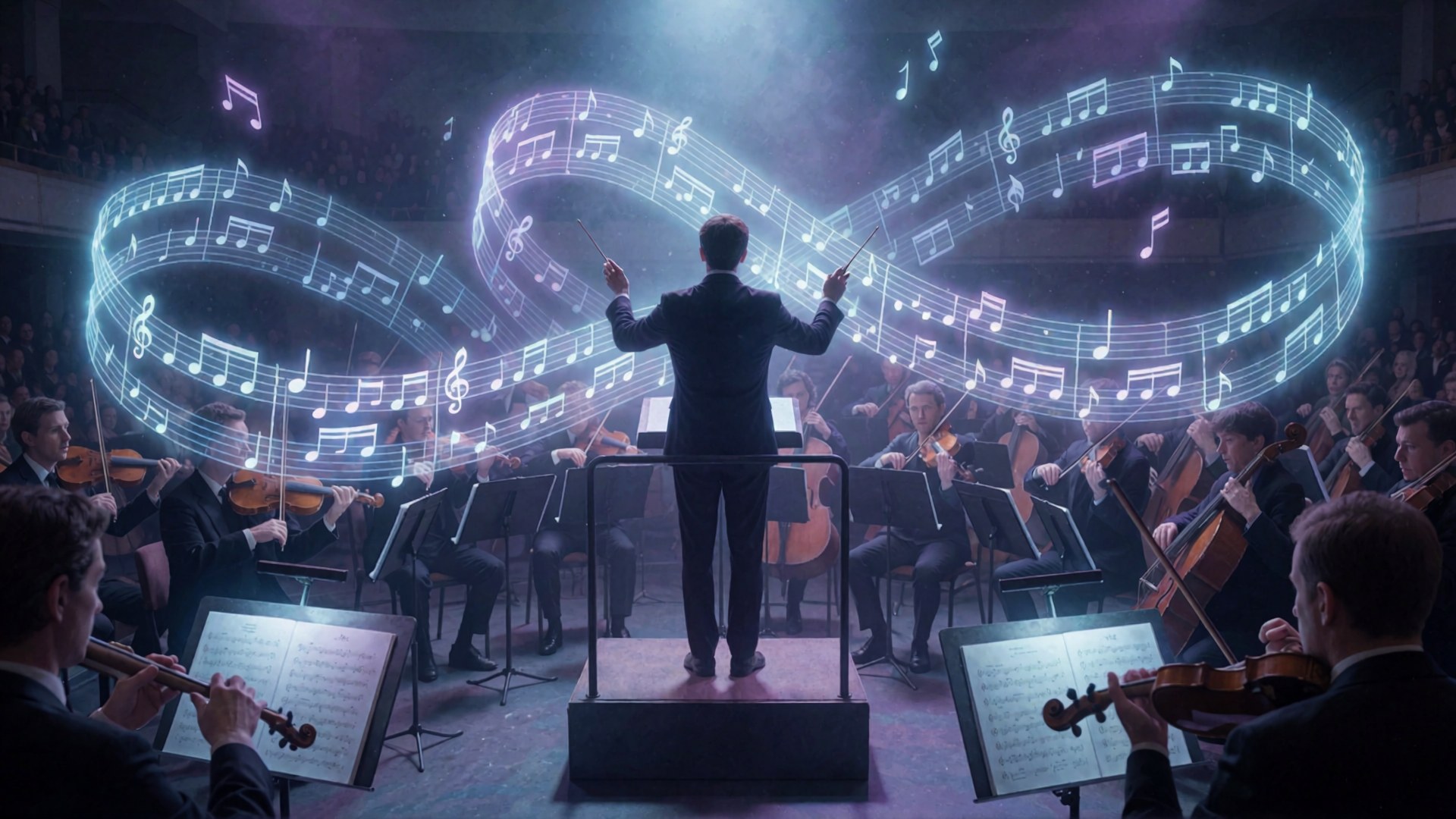 Ein Dirigent dirigiert eine Orchestergruppe in einem Konzertsaal, während leuchtende Notenwellen über den Kopf der Musiker fliegen und die…