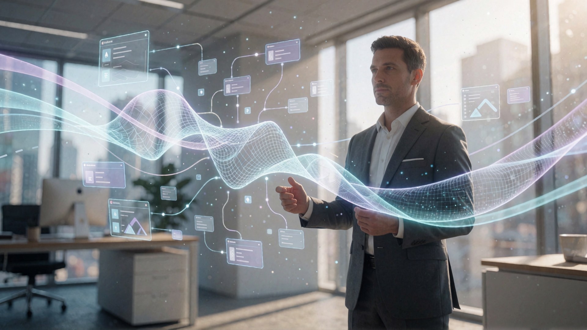 Ein Mann in einem Anzug steht vor einer virtuellen Grafik mit Datenflüssen und Diagrammen im Büro.
