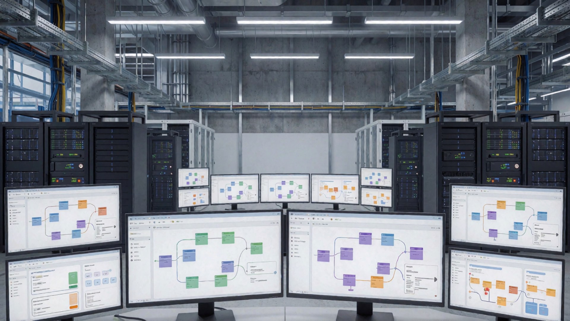 Ein modernes Serverraum mit mehreren Monitoren, die komplexe Diagramme anzeigen.