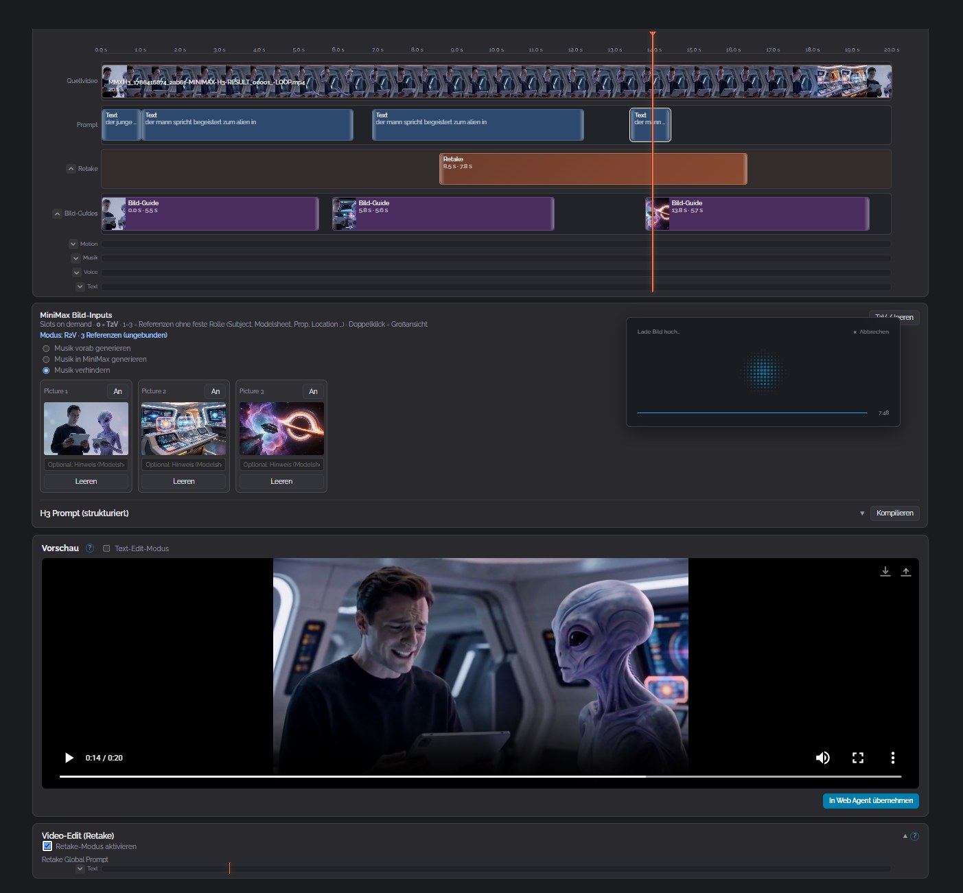 Eine Videobearbeitungssoftware mit Timeline für Texte und Bilder sowie einer Vorschau eines Videos von einem Mann und einem Alien in einem…