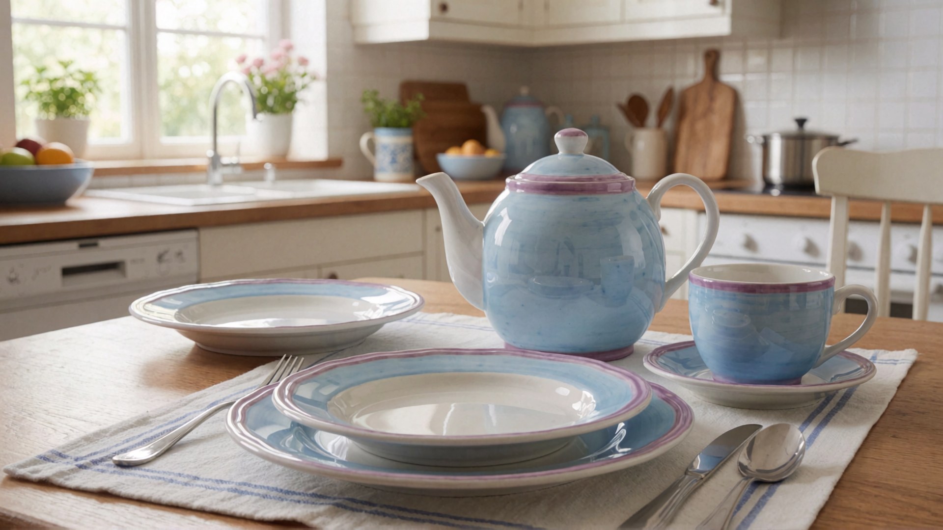 Eine gemütliche Küchenlandschaft mit einem Tischset in sanften Blautönen und lila Akzenten, bestehend aus Teekanne, Tasse, Schüsseln und…