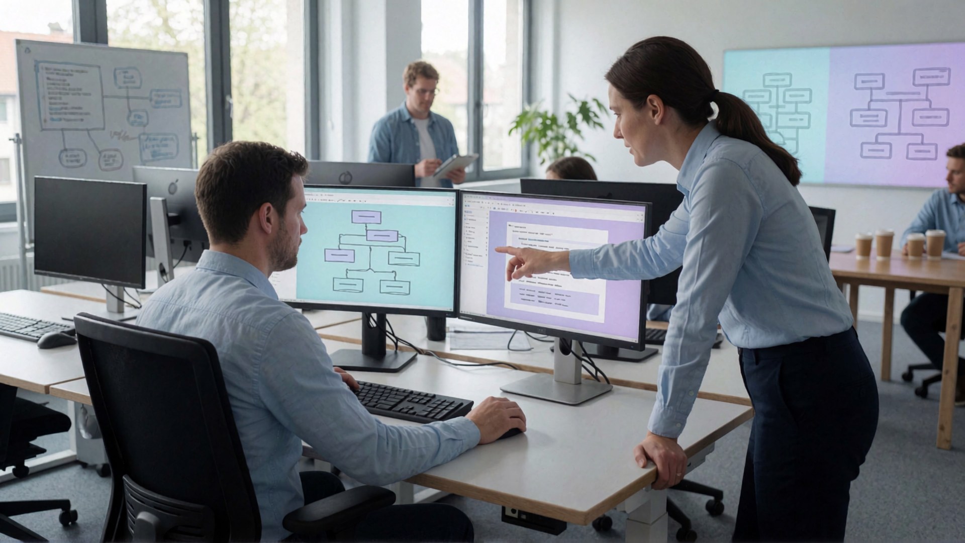Eine Frau zeigt einem Mann an seinem Computerbildschirm einen Diagramm und erklärt ihm etwas. Im Hintergrund sind weitere Personen in…