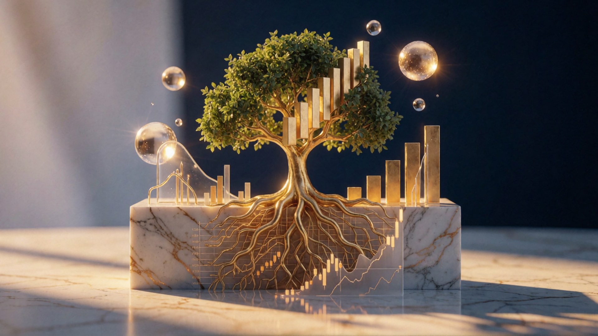 Ein goldener Baum mit Wurzeln und Balkendiagrammen auf einem Marmorsockel, umgeben von leuchtenden Kugeln.