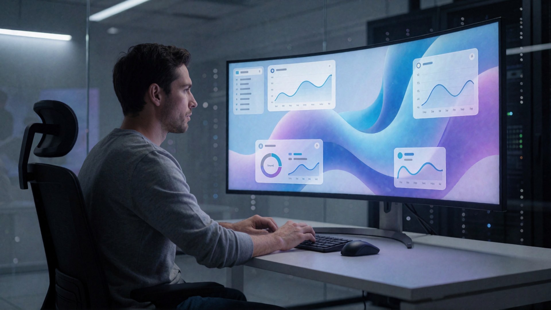 Ein Mann sitzt an einem Computer in einer modernen Datenzentrale und betrachtet eine große Kurvenanzeige mit verschiedenen Diagrammen für…