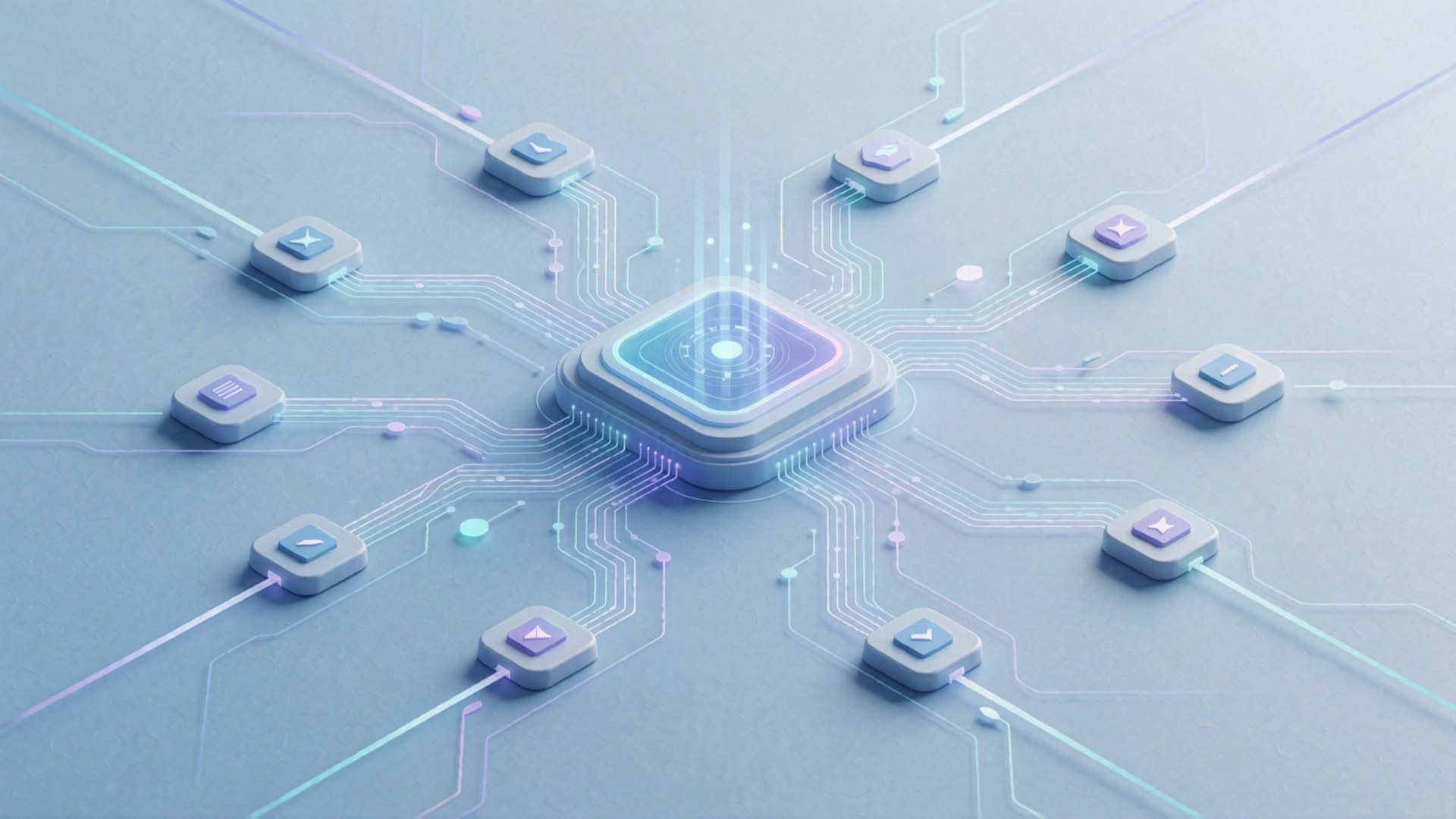 Ein zentraler, leuchtender Chip mit mehreren Verbindungen zu umgebenden Symbolen in einem futuristischen Netzwerkdesign.
