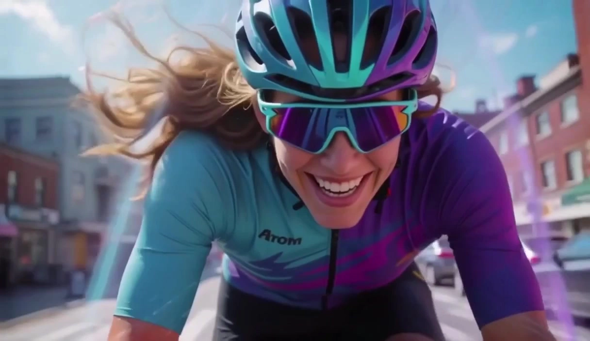 Eine lächelnde Radfahrerin in einem bunten Helm und Schutzbrille fährt mit dynamischer Energie vorbei an einer verschwommenen Umgebung…